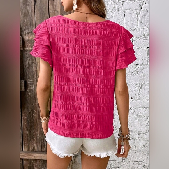 New Chic Textured Stripe Flutter Sleeve Top Blouse Hot Pink - Picture 4 of 9